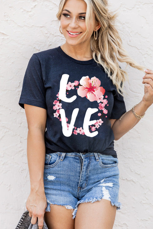 Black Love Cherry Blossoms Graphic Print Short Sleeve T Shirt